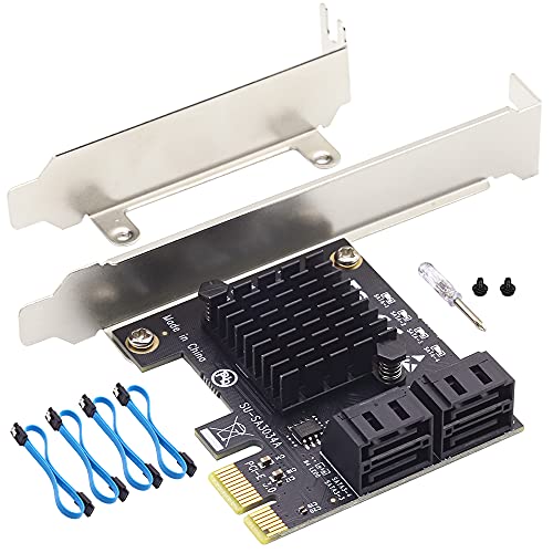 SATA PCIe Card 4 Port & 4 SATA Cables, PCI-e SATA Controller Expansion Card 4 Port 6 Gbps, PCIE 1X to 4 SATA3.0 Adapter, PCI SATA Card Non-Raid Support SSD and HDD(4 Port Driver Free)