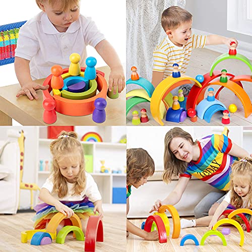 Houten peuter speelgoed 12 stuks regenboog houten poppen, houten mensen pretend spelen met regenboogstapeling speelgoed… - Image 6