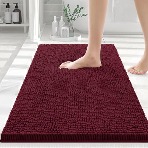 Smiry Luxury Chenille Bathroom Rugs 30x20, Extra Soft and Absorbent Shaggy Bath Mat, Machine Washable, Non-Slip Plush Carpet Runner for Tub, Shower, and Floor, Home Decor Accessories, Burgundy