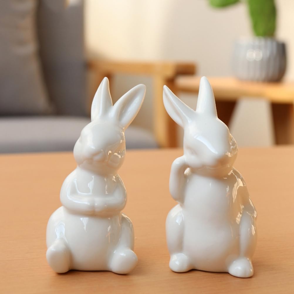 RiloStore Lot De 2 Lapins De Pâques En Porcelaine Blanche - Style Shabby Chic Vintage - 8 Cm Avec Nœud