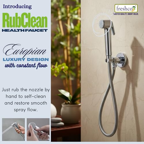 Image of FRESHCO Bold Health Faucet Full Set | Handheld Jet Spray for Toilet with German Engineered Polyamide Hose (1.2M) | Rust-Proof & Leak-Free | Rub-it Silicon Nozzle Bidet Gun | Chrome ABS + Wall Hook