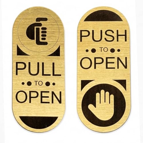 2 placas elegantes para puerta empujar tirar para abrir, 12 x 5 cm aprox. Cartel de señalización de laminado plástico para portones de condominios, puertas, tiendas, oficinas, hoteles (dorado, inglés)