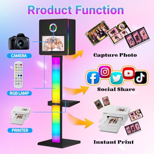 Image of Mirror Photo Booth with 15.6 Interactive Touch Screen DSLR Photo Booth with Flight Case Remote Control RGB Mood Light Instant Print and Share for Professional Party Photography (Black)