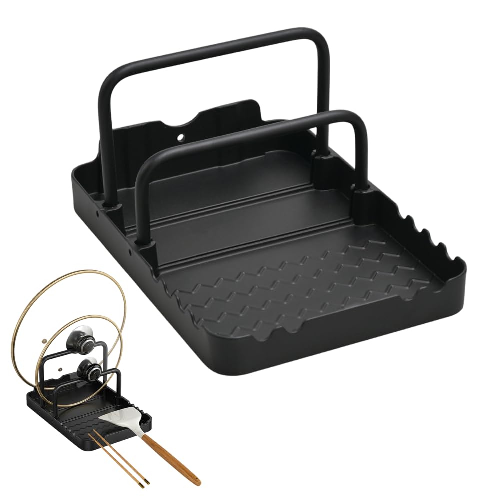 Dongker Black Pot Lid Holder,2 Layers Pot Lid Organizer Stand With Drip Tray For Pots Lids, Spatulas, Spoons, Cutting Boards To Avoid Dripping Stains