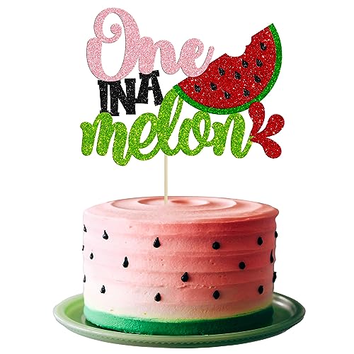 Gyufise 1Pc Watermelon Cake Topper Glitter One In A Melon Cake Pick Watermelon First Birthday Cake Decorations For Summer Fruit Baby Shower Boys Girls 1St Birthday Decorations Pink