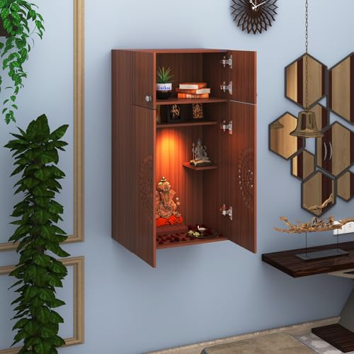 Image of Anikaa OMYA Engineered Wood Home Temple Wall Mount & Floor Standing Wooden Modern Pooja Mandir with LED Light, Om Laser Cut Design | Storage Cabinet with Hinge Doors (Walnut, DIY Installation)