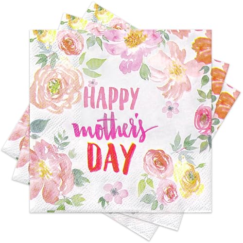 RUSPEPA 50 Pcs Pink Flower Napkin Paper 3 Ply Disposable Watercolored Floral with Happy Mothers Day Deisgn Cocktail Dinner Paper Napkins for Mothers Day Tea Party Garden Party 5 x 5 Inch