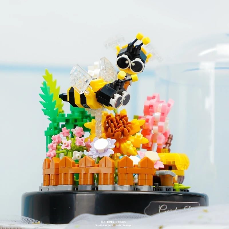 Close-up of assembled bee and flower building blocks
