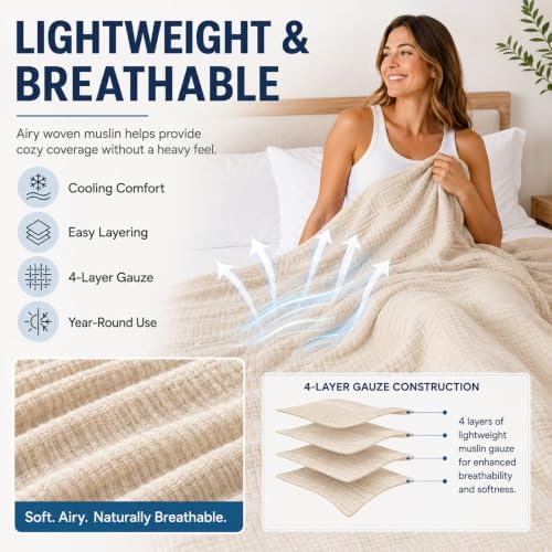 The Fleece Company Muslin Cotton Blanket, Cooling Soft Gauze Throw Blanket for Adults, Breathable and Lightweight for Couch Decor, Bed, Outdoor and Travel, Year-Round Comfort，Green：79'' × 91'' — view 3