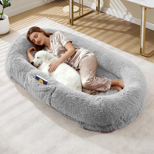67-Inch Human Dog Bed for Adult & Pets, Removable Faux Fur Human Dogs Bed with Portable Handle, Side Pockets, Egg-Shaped Orthopedic Foam. Large Dog Bed for Living Rooms, Bedrooms, and Offices
