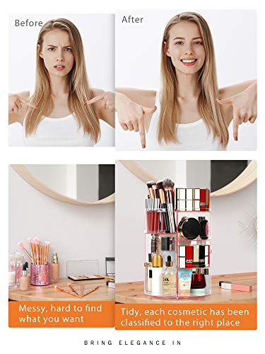 Image of Syntus 360 Rotating Makeup Organizer, DIY Adjustable Bathroom Makeup Carousel Spinning Holder Rack, Large Capacity Cosmetics Storage Box Vanity Shelf Countertop, Fits Makeup Brushes, Lipsticks, Pink