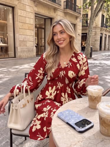 Image of Dokotoo Womens Dresses Boho Floral V Neck Long Sleeve Smocked Elastic Waist Casual A-Line Mini Dress Sundress