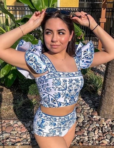 FLAXMAKER Ruffle Porcelain Pattern Majolica Print Back Elastic Band Bikini Swimsuit and Skirt/Sarong2