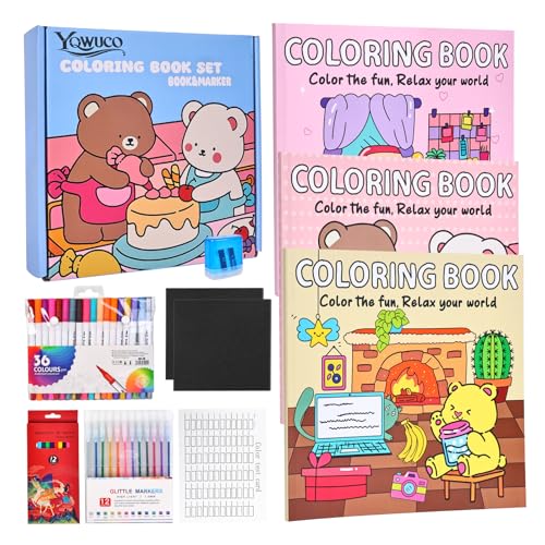 Coloring Books Set for Teens & Adults 3 Pack Easy and Simple Designs Coloring Book Complete Stress Relief Gift Kit with 36 Dual-Tip Markers 12 Glitter Markers & 12 Colored Pencils for Relaxation