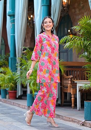 Image of Leriya Fashion Co Ord Set for Women Stylish | Ethnic Short Kurti for Women | Stylish Summer Printed Cotton Kurta Sets for Woman | A-Line Dress for Woman | 3 /4 Sleeve Top with Relaxed Fit Pant