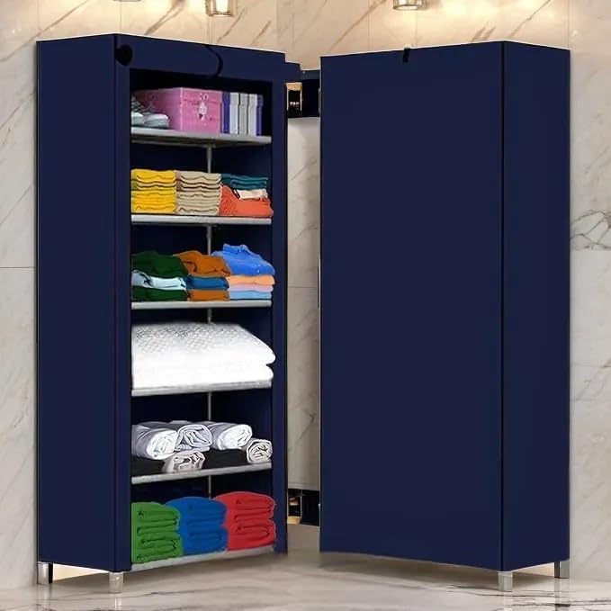 Image of AWTATOS Multipurpose Collapsible Wardrobe Cabinet | Foldable Fabric Organizer with 6-9 Shelves | Portable Clothes Storage Rack for Bedroom, Home & Office (Blue, 6 Layer)
