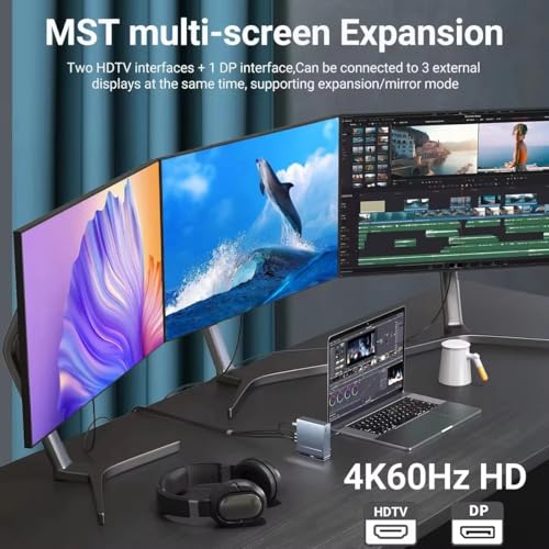 15-in-1 Docking Station, Triple Display 4K@60Hz, 100W PD Charging, USB-C Hub, Dual HDMI, DP Port, Gigabit Ethernet, Aluminium - Image 5