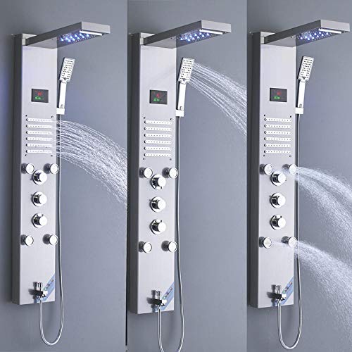 Columna de ducha LED de lujo con efecto cascada, panel de ducha multifuncional con 4 boquillas y pantalla digital miniatura 4