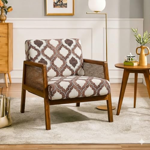 Image of Solid Sheesham Wood Arm Chair with Cushion || Cane Chairs for Balcony || Wooden Chair for Living Room Furniture || Modern Accent Chair for Living Room, Rattan Cane Chairs, Dining Chair Brown Finish