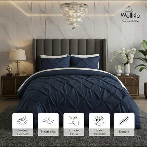 Image of Pinch Pleated Duvet Cover Set 1000TC 100% Cotton Premium 3-Pieces 1-Duvet Cover & 2-Pillow Cover Luxury Look Home and Hotel Zipper & 8-Tie Closure (Navy Blue, King 92 X 106 Inch)