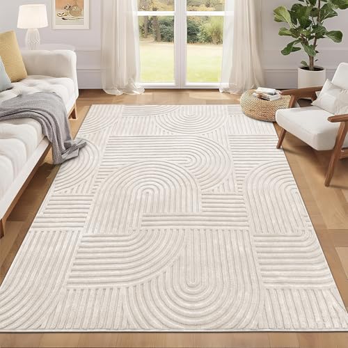 Pauwer 5x7 Washable Area Rugs for Living Room Modern Beige Solid Color Soft Fluffy Rugs for Bedroom Non Slip Boho Accent Indoor Mat Floor Carpet Cover for Kids Room Dining Room Kitchen Office