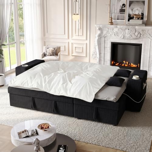 Image of 90 Inch Modular Sectional Sleeper Sofa Bed, 4 in 1 Pull Out Couch Bed with Reclining Backrest | Reversible Storage Chaise | Wide Armrest | Tool Free Assembly, Chenille Fabric, Corduroy Black