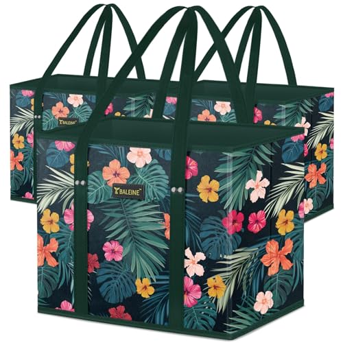 BALEINE 3Pk Reusable Grocery Bags, Foldable Shopping Bags for Groceries with Reinforced Bottom & Handles (Blossom Season)