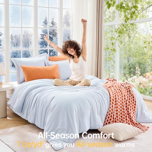 Image of MUXHOMO Queen Comforter Set, All Season Ultra Soft Down Alternative Bedding - 3 Piece Lightweight Bed Set Includes 1 Comforter (90 inchx90 inch) and 2 Pillow Shams (20 inchx26 inch), Light Blue