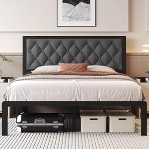 Queen Bed Frame with Headboard Linien Upholstered Bed Frame Platform,All Metal Slats Support Platform Bed Frame with Storage Space,Easy Assembly,Noise Free,No Box Spring Needed,Grey