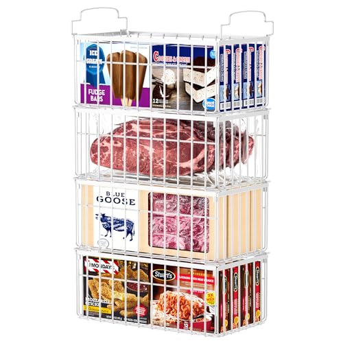 Image of MSERCUOR Freezer Organizer Bins, 4 Pack Stackable Deep Chest Freezer Organizer Bins, Foldable Baskets with Handles, White Storage Container Baskets for 5/ 7 Cu.FT Sort Frezen Meats