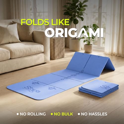 Image of Stoga Origami Foldable 6mm Yoga Mat | Non-Slip | Mat for Men & Women | Lightweight, Sweat-Resistant, Eco-Friendly TPE Mats with Carry Strap | Best Yoga Mat for Home, Travel & Gym (Blue)