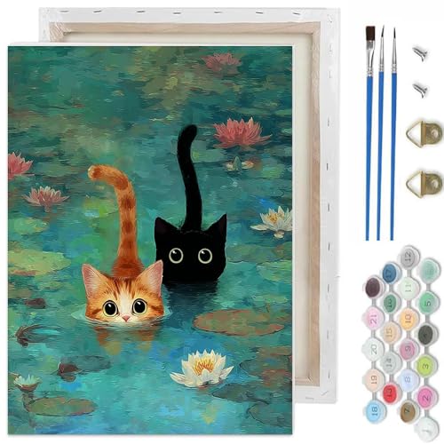 TCDZMYGS Cat Paint by Numbers Kit for Adults Beginner Garden Pond Cat Adult Paint by Number Kits on Canvas with Frame DIY Acrylic Oil Painting by Numbers Kits for Home Wall Decor 10x12 inch