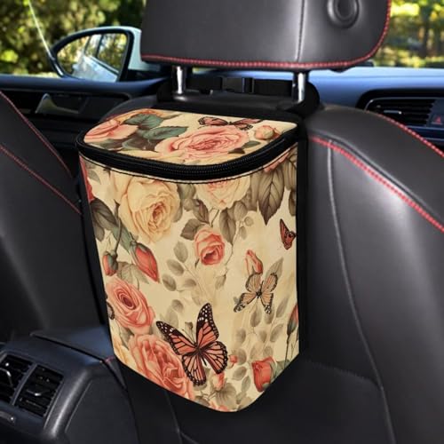 Image of Rose Car Trash Can Hanging,Vintage Rose Floral Butterfly Auto Garbage Bag with Lid Seat Leak Proof Easy to Install Universal Fit Most Vehicle Back /Front /Console of Any Cars,Rose Car Accessory