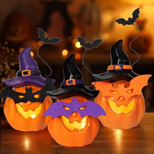 NEROSUN 3 Pack Halloween Light Up Jack O Lantern Decorations, Battery Operated Lighted Pumpkin with Spooky Face, Resin Table Ornaments for House Party Decor