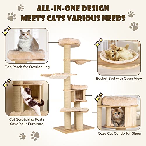 Image of Tangkula Modern Cat Tree, 6-Tier Multi-Level Cat Tower with Cat Condo, Hammocks & Hanging Basket, Tall Cat Tree with Sisal Posts, Washable Cushions, Natural 75''