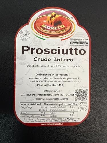Moretti® Rohschinken Prosciutto | 6 kg | Dünn gewürzt | 100% natürlich | Ohne Konservierungsstoffe | Tribute Holzschneidebrett und traditionelle Wurst | Hergestellt in Kalabrien (ohne Knochen)