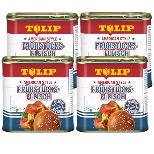 4x TULIP American Style Frühstücksfleisch 340g | leckeres Dosenfleisch in der praktischen recycelbaren Konserve | Schweine-Frühstücksfleisch mit Bacon| 87% Schweinefleisch