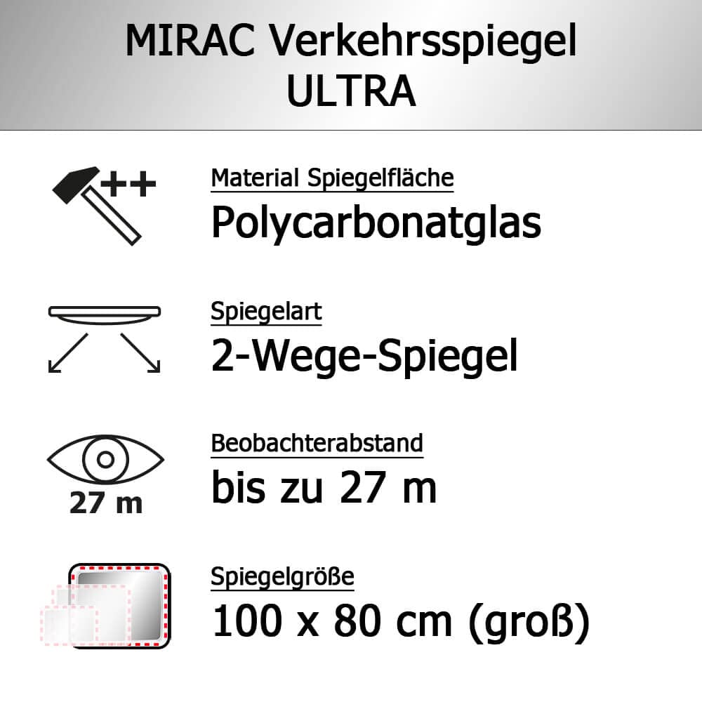 MIRAC Verkehrsspiegel ULTRA, Polycarbonatglas, rot/weiß, rechteckig, 100 x 80 cm aus Glas, Kunststoff, Stahl, Art.-Nr. 45500810 | Sicherheitsspiegel | Straßenspiegel