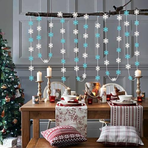 Image of Snowflake-Snow Teal-Silver Christmas Party-Decoration Garland - 52ft Turquoise Winter Wonderland Frozen Ornaments Hanging Paper Streamers,New Years Birthday Baby Shower Wedding Ceiling Decor Hugfond