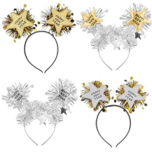 WYRGQIQN Haarreif Sterne Silvester Kopfschmuck - 'Happy New Year' Kopfschmuck, 4er Set Silvester Haarreifen - Funkelnde Accessoires für Ihre Silvesterparty