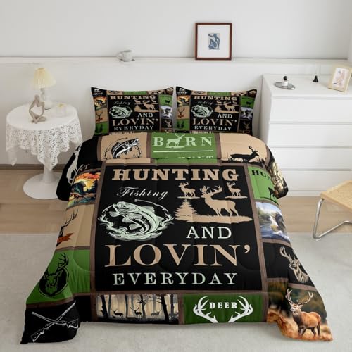 Feelyou Big Pike Fish Bedding Set Deer Comforter Set for Kids Boys Girls Fish and Hunt Duvet Set Antlers Fish Fishing Rod Inner Fill Comforter 1 Comforter Set with 1 Pillowcase Twin Size