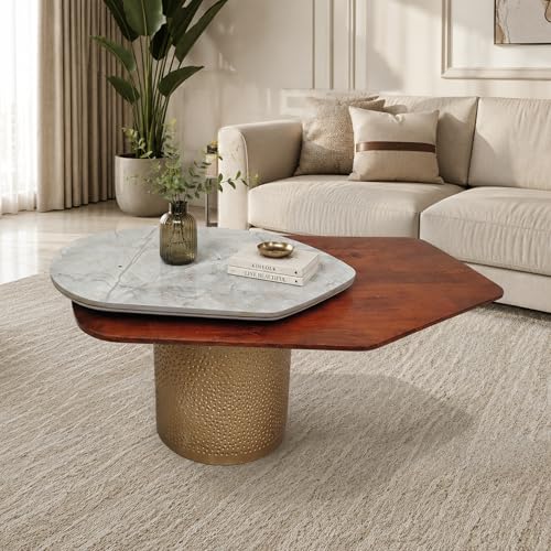 Image of The Attic Dotsy Coffee Table, Coffee Table for Living Room, Rovolving Marble top, Gold & Teak,Grey Finish