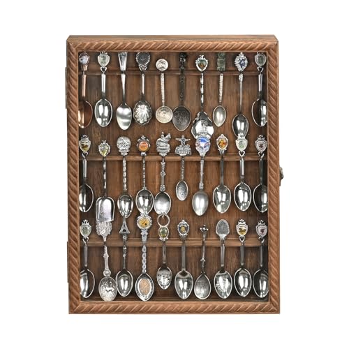 Ikee Design Wooden 30-Souvenir Spoon Display Case Cabinet Wall-Mounted Tea Spoon Rack with Tempered Glass Door Suitable for Collection Display Brown Color 13.4W x 2.6D x 15.7H in