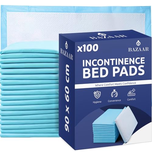 Bazaar 100 x Disposable Incontinence Bed Pads 90 x 60cm Highly Absorbent Waterproof Bed Sheets for Adults Elderly Children & Babies Bed Wetting Sheets & Bed Protectors for Mattress Sofa & Chair
