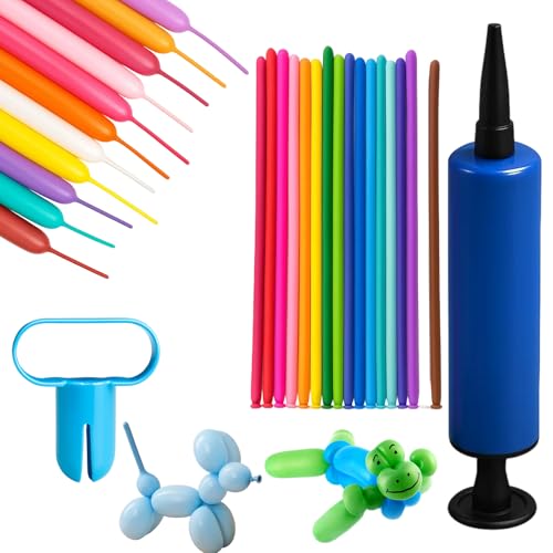 100 Pcs Modelling Balloons with 1 Pump and 1 Knotter, Balloon Modelling Kit, Long Balloons, for Birthday Parties, Weddings, School Events and DIY Fun (Random Color)