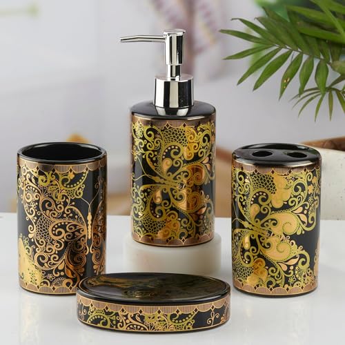 Image of SaSaSa Ceramic Bathroom Accessories Set of 4 Modern Bath Set with Soap Dispenser & Toothbrush Holder, Luxury Home & Gift Idea, Black /Gold (10460)