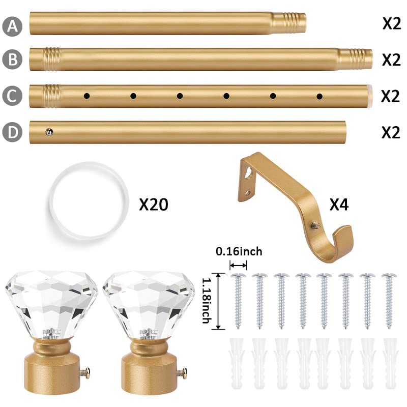 Orger Diamond Curtain Rods for Windows 30 to 54 Inches, Gold Curtain Rods with Crystal Diamond Finials, 1 Inch Decorative Curtain Rod, 2 Pack