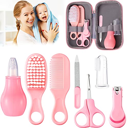 Image of Baby Healthcare and Grooming Kit 7 in 1 Nail Clipper Brush Comb Scissors File Nasal Aspirator Finger Toothbrush Baby Safety Care Kit (Pink)