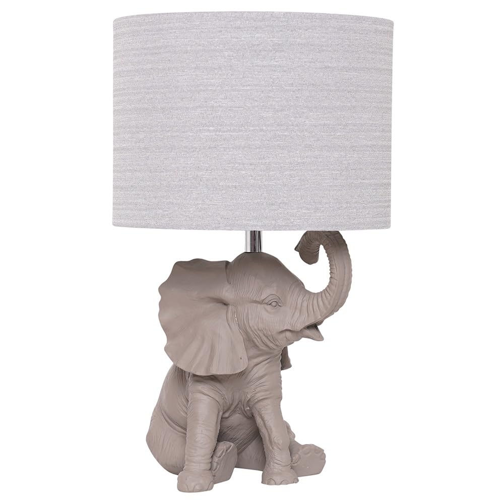 Britalia Grey Resin Sitting Elephant Sculpture Vintage Table Lamp with Grey Linen Drum Shade | 40cm Height | 1 x SES E14 Lamp Bulb Required | UK Approved | High Definition Resin Animal