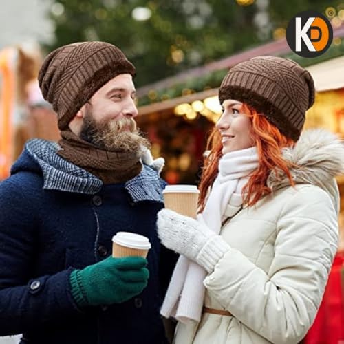 Image of K D Winter Wear 3-in-1 Cap Muffler Gloves Set for Adults | Woolen Beanie cap, Mafler Scarf & Hand Gloves | Thermal, Fleece-Lined, Unisex Winter Accessories (Gloves /cap-Mafler - BROWN)